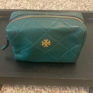 Tory Burch green leather makeup bag